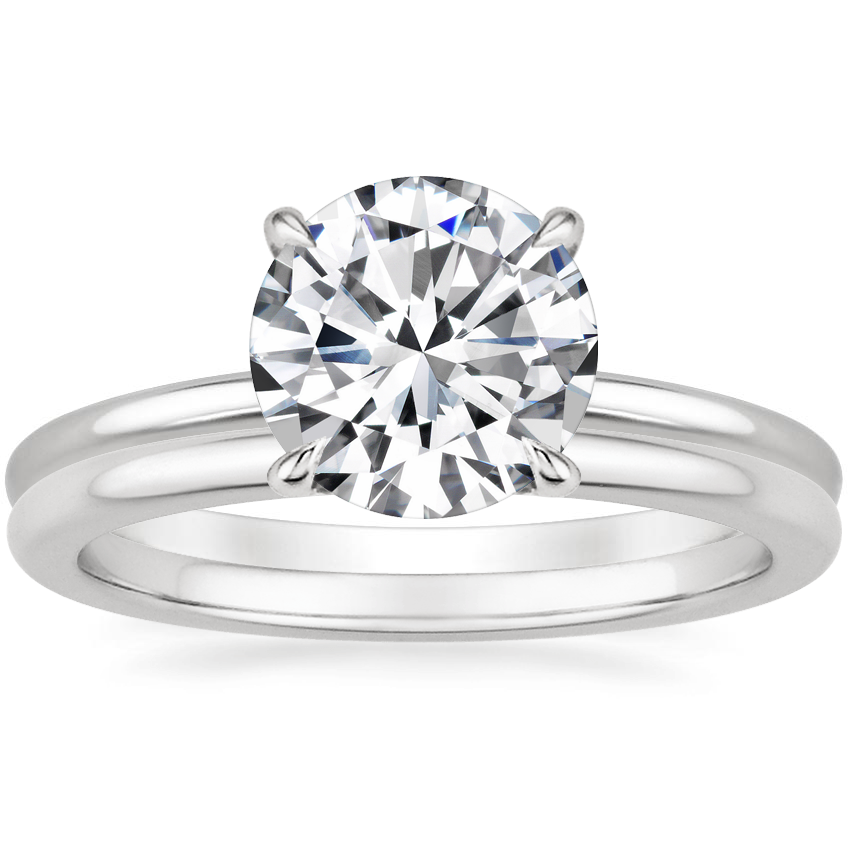 18K White Gold Flower Petal Diamond Ring with Petite Comfort Fit Wedding Ring