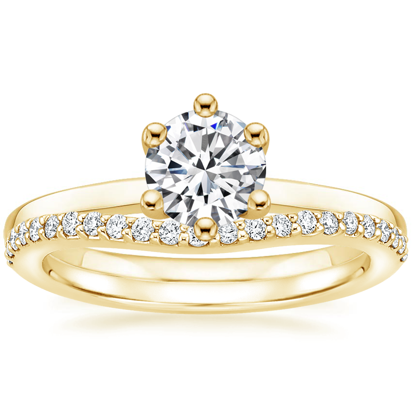 18K Yellow Gold Six Prong Hidden Halo Diamond Ring with Curved Diamond Ring (1/6 ct. tw.)
