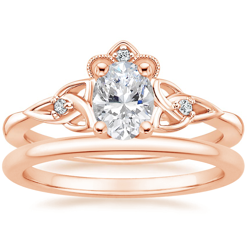 14K Rose Gold Celtic Crown Diamond Ring with Petite Comfort Fit Wedding Ring