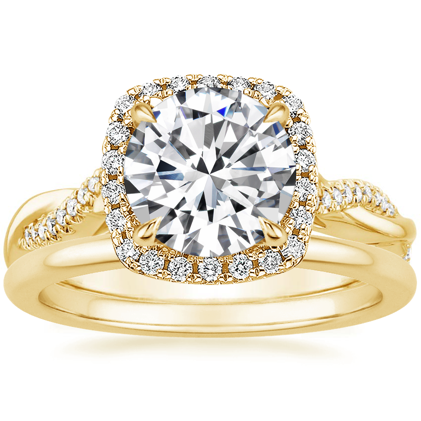 18K Yellow Gold Petite Twisted Vine Halo Diamond Ring (1/4 ct. tw.) with Petite Comfort Fit Wedding Ring