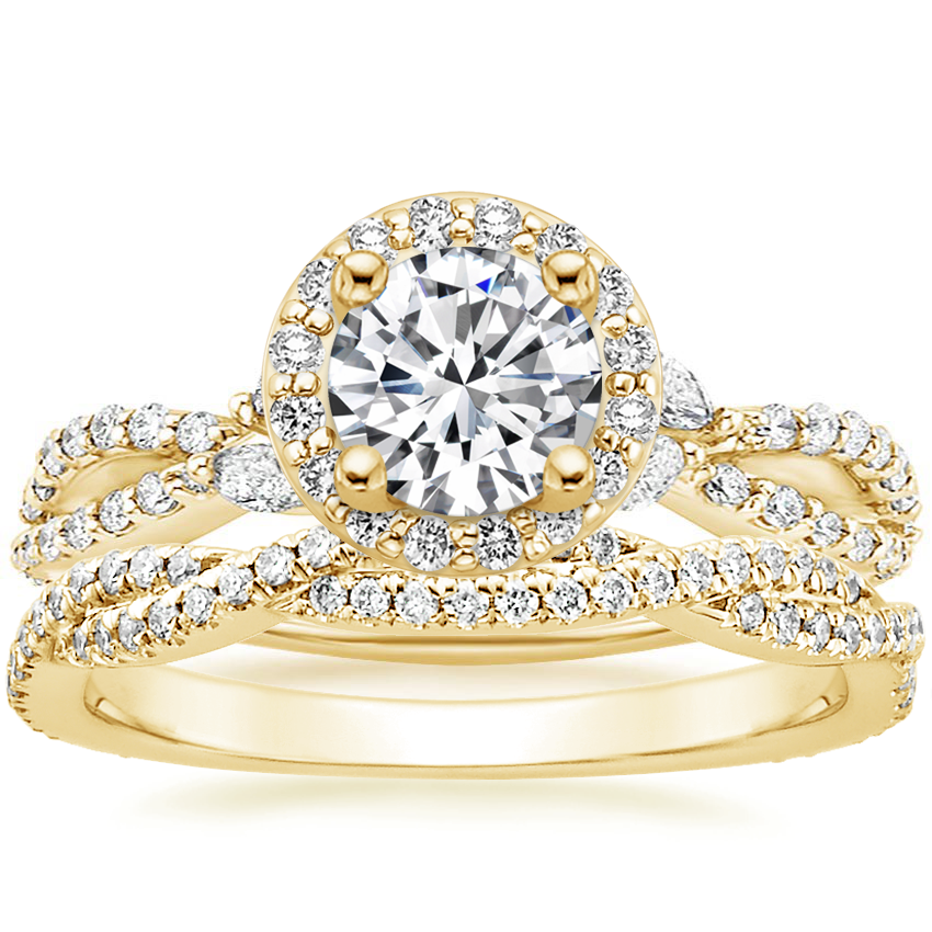 18K Yellow Gold Luxe Willow Halo Diamond Ring (2/5 ct. tw.) with Petite Luxe Twisted Vine Diamond Ring (1/4 ct. tw.)