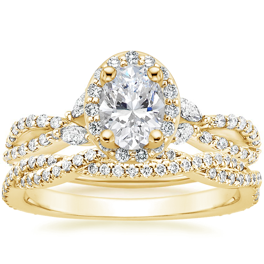 18K Yellow Gold Luxe Willow Halo Diamond Ring (2/5 ct. tw.) with Petite Luxe Twisted Vine Diamond Ring (1/4 ct. tw.)