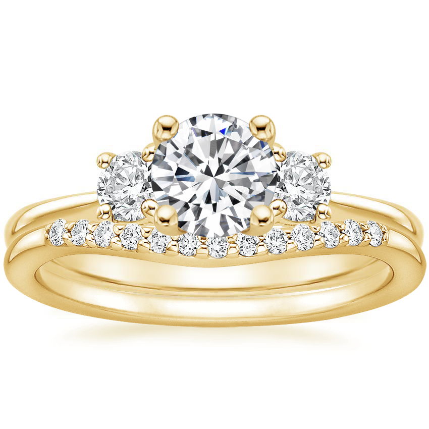 18K Yellow Gold Tapered Three Stone Diamond Ring with Petite Curved ...