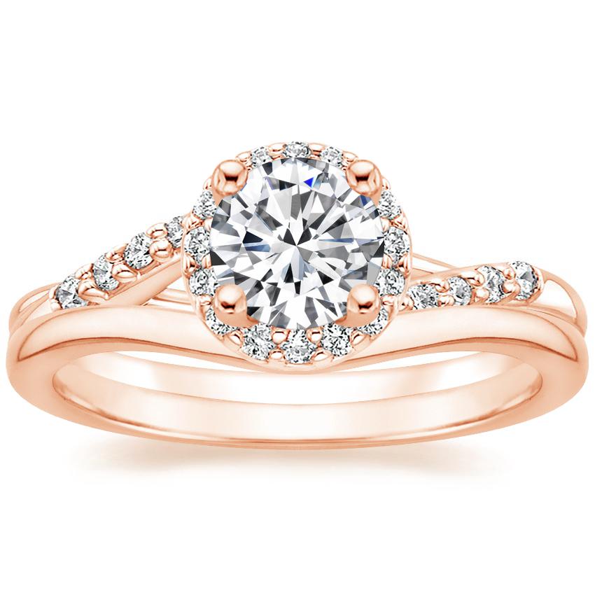 14K Rose Gold Chamise Halo Diamond Ring (1/5 ct. tw.) with Petite Curved Wedding Ring