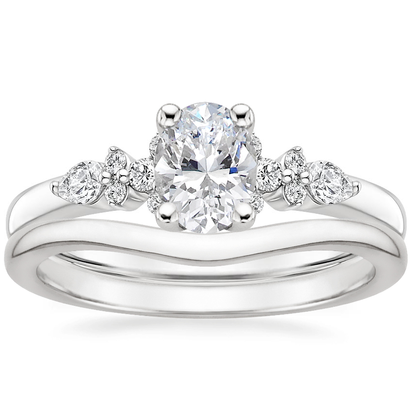 18K White Gold Rosette Diamond Ring with Petite Curved Wedding Ring