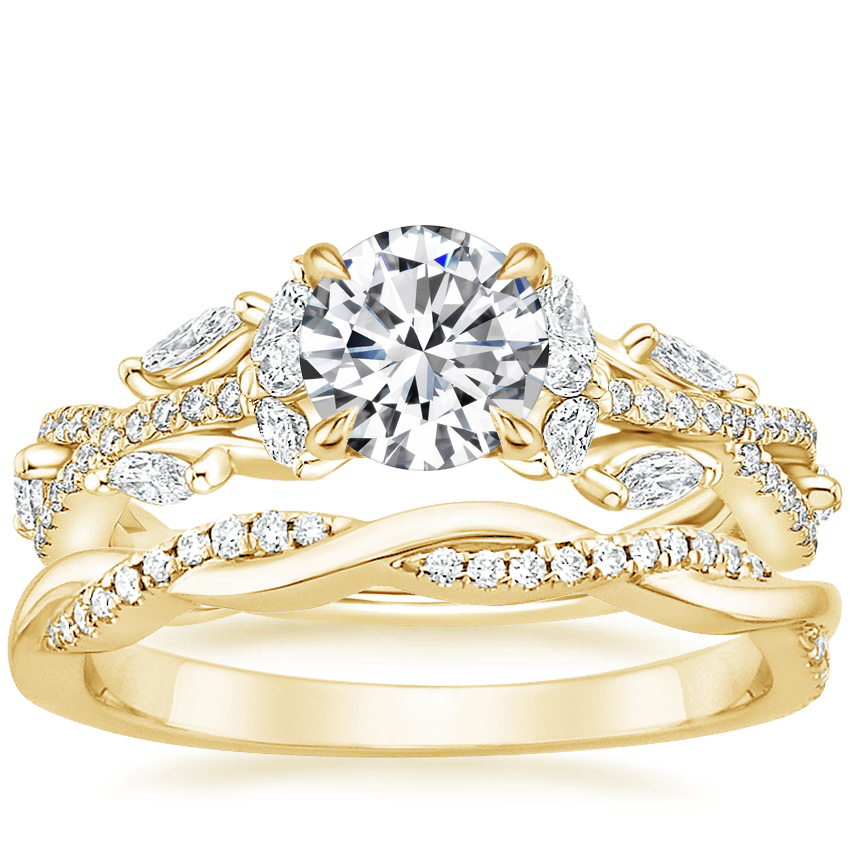 18K Yellow Gold Luxe Secret Garden Diamond Ring (3/4 ct. tw.) with Petite Twisted Vine Diamond Ring (1/8 ct. tw.)