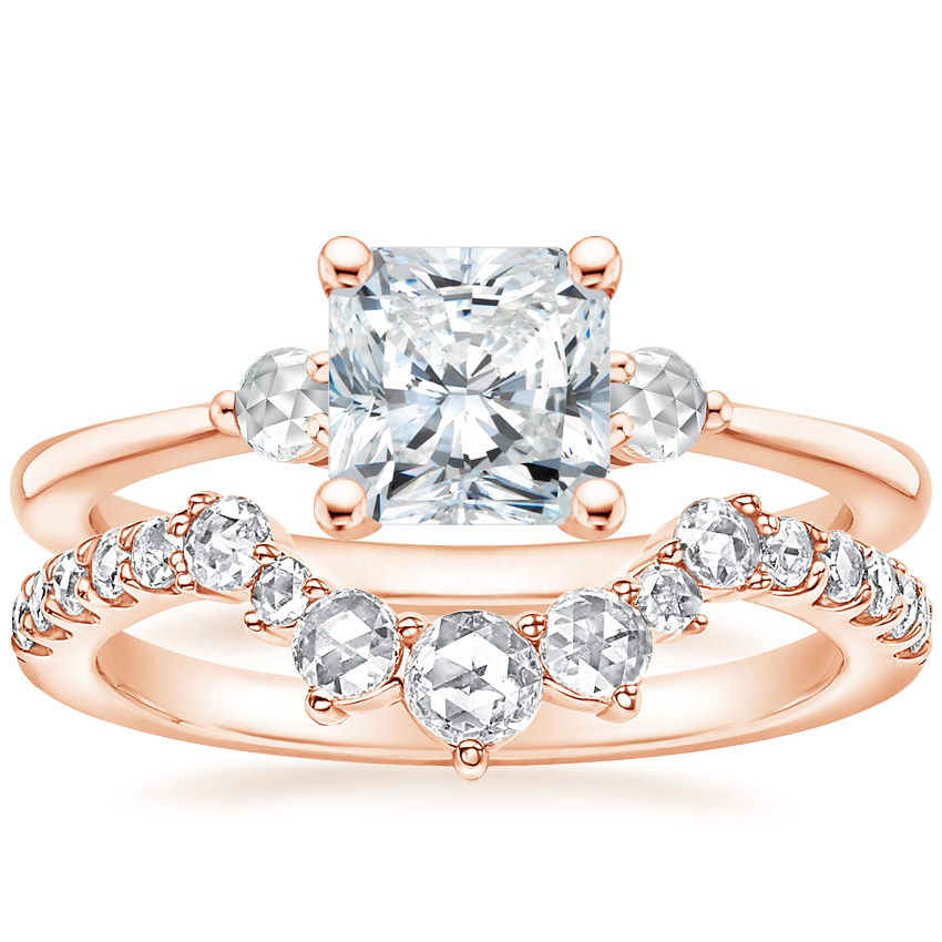 14K Rose Gold Three Stone Rose Cut Diamond Ring with Rose Cut Contoured Diamond Ring (1/4 ct. tw.)