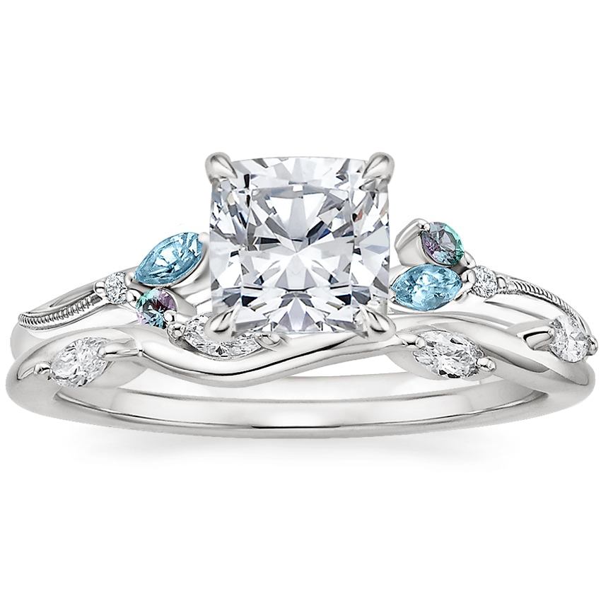 18K White Gold Camellia Indigo Milgrain Ring with Winding Willow Diamond Ring