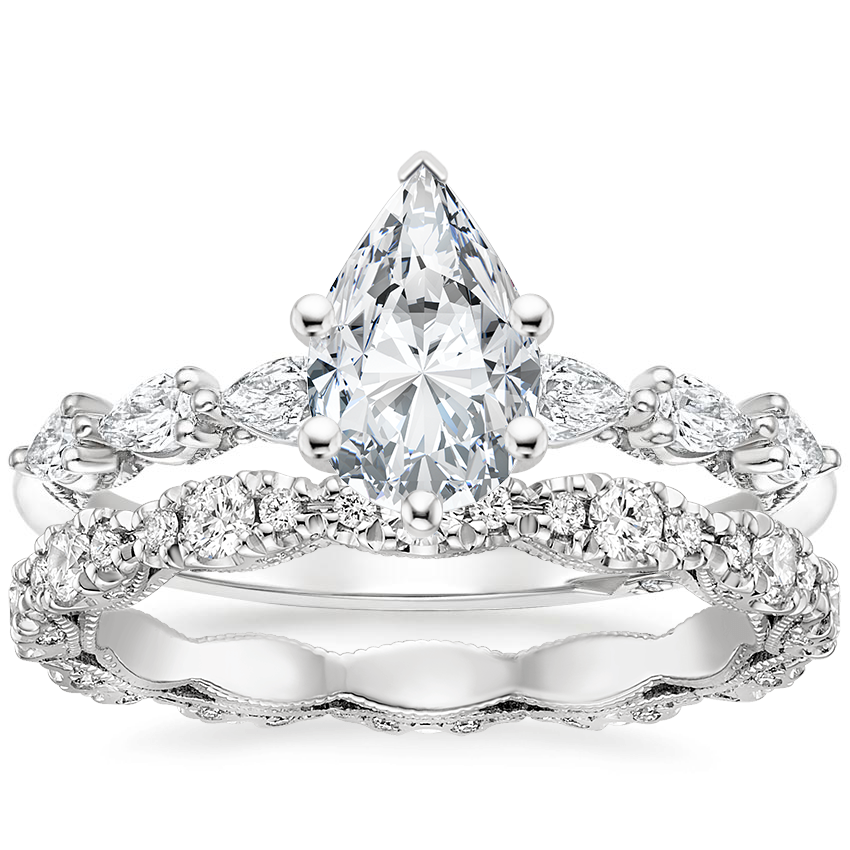 Platinum Tacori Sculpted Crescent Pear Diamond Ring with Tacori Petite Crescent Pavé Eternity Diamond Ring (5/8 ct. tw.)