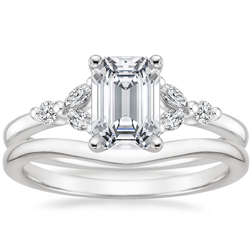 18K White Gold Verbena Diamond Ring with Petite Curved Wedding Ring