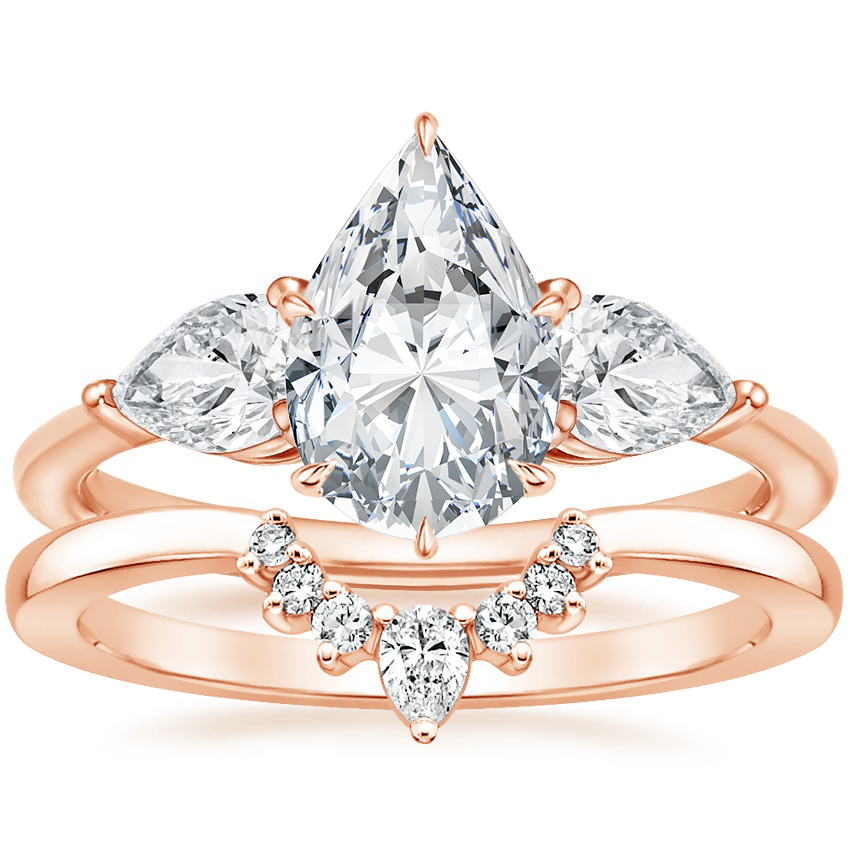 14K Rose Gold Luxe Opera Three Stone Diamond Ring with Lunette Diamond Ring