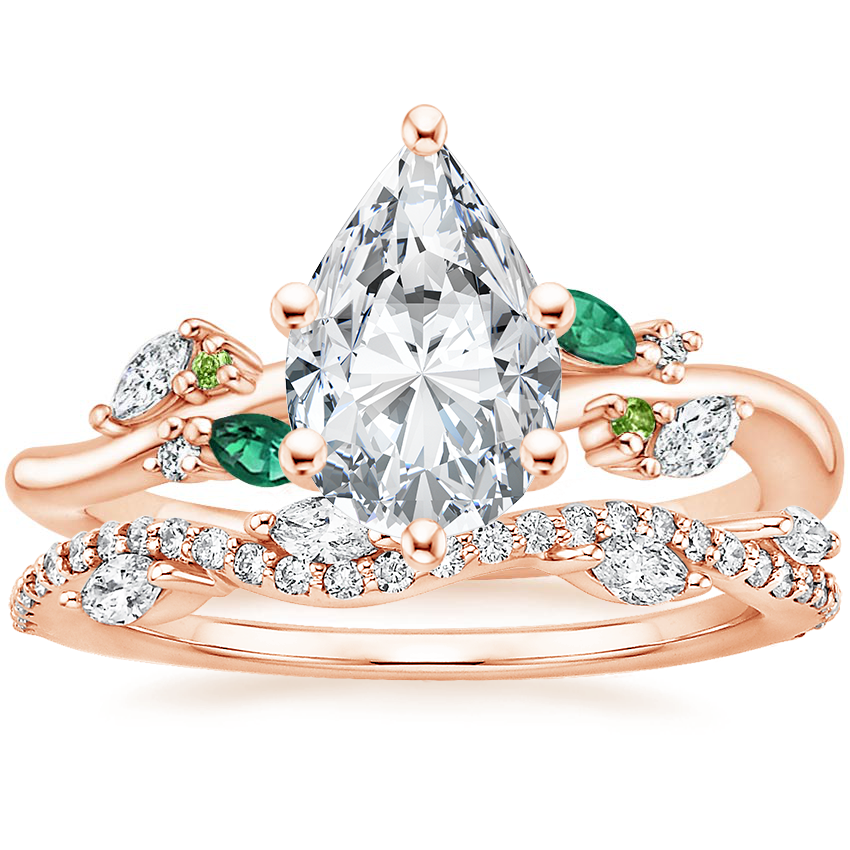 14K Rose Gold Arden Diamond Ring with Lab Emerald Accents with Luxe Winding Willow Diamond Ring (1/4 ct. tw.)