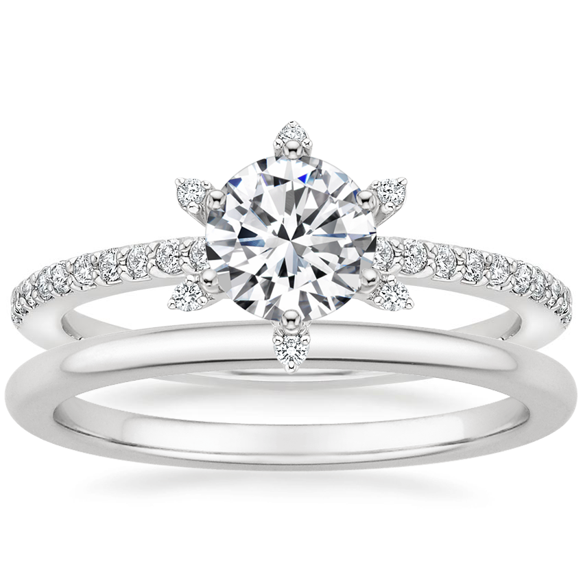 18K White Gold Phoebe Diamond Ring with Petite Comfort Fit Wedding Ring