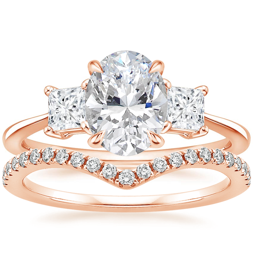 14K Rose Gold Princess Cut Three Stone Diamond Ring with Flair Diamond Ring (1/6 ct. tw.)