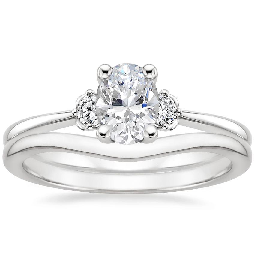 18K White Gold Blossom Diamond Ring with Petite Curved Wedding Ring