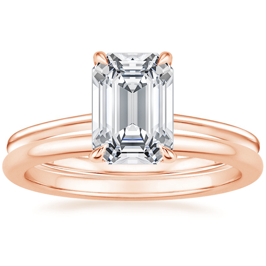 14K Rose Gold Petite Secret Halo Diamond Ring with Petite Comfort Fit Wedding Ring