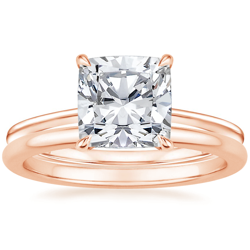 14K Rose Gold Petite Secret Halo Diamond Ring with Petite Comfort Fit Wedding Ring