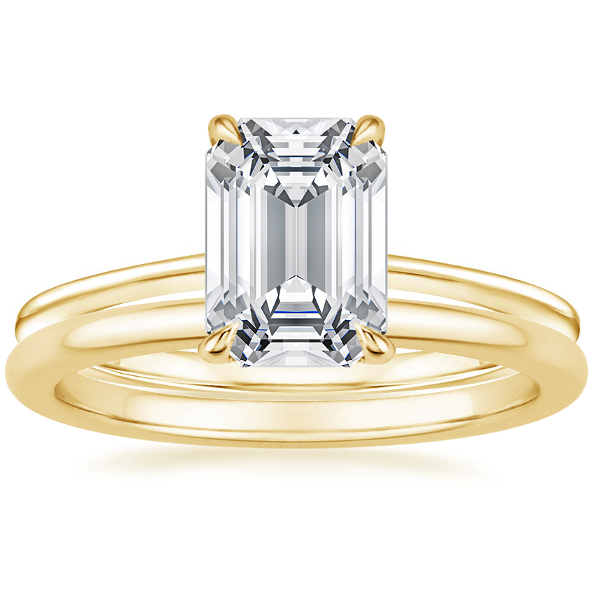 18K Yellow Gold Petite Secret Halo Diamond Ring with Petite Comfort Fit Wedding Ring