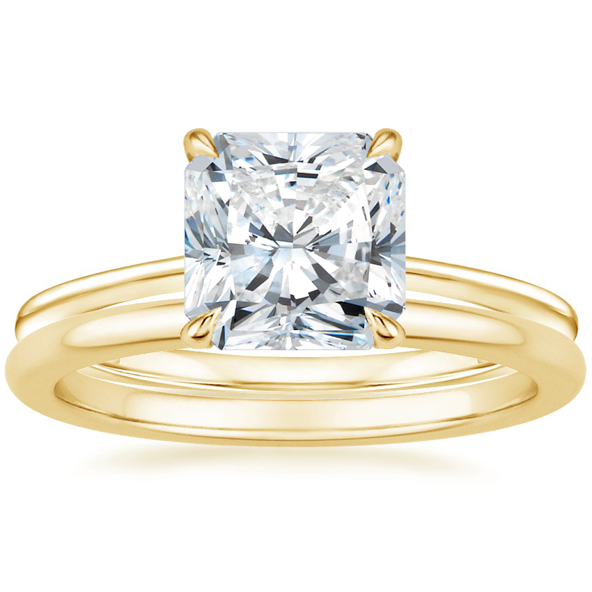 18K Yellow Gold Petite Secret Halo Diamond Ring with Petite Comfort Fit Wedding Ring