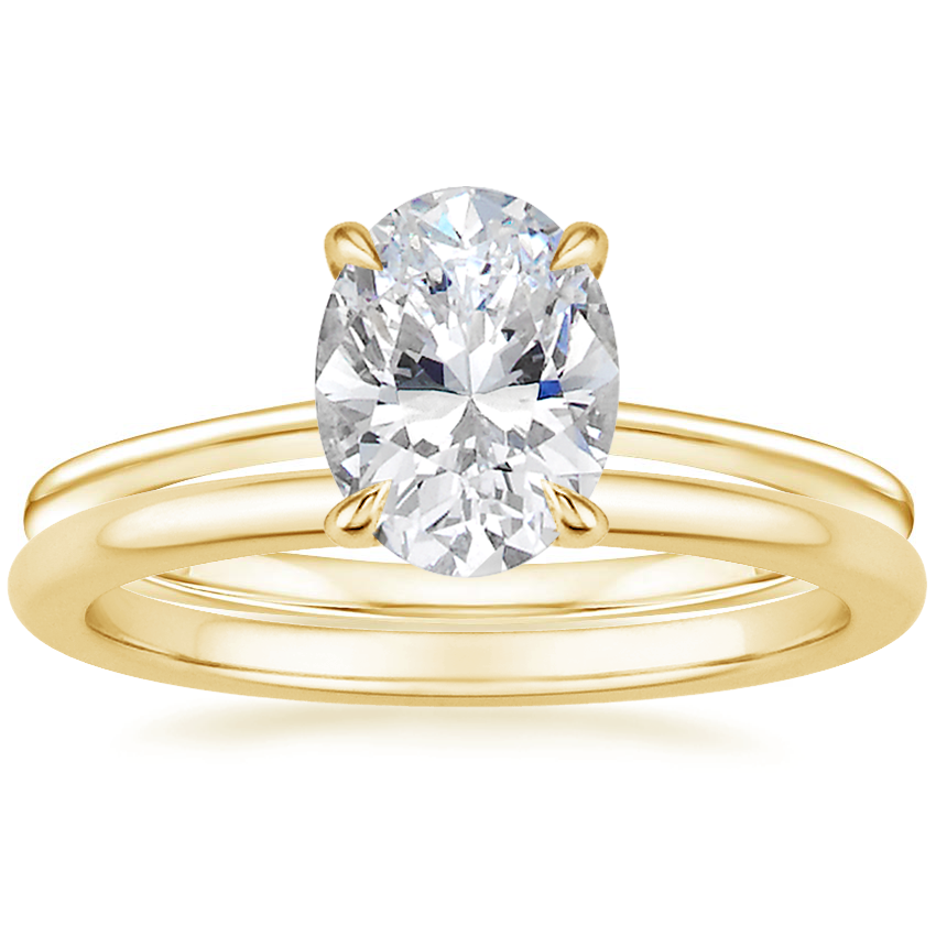 18K Yellow Gold Petite Secret Halo Diamond Ring with Petite Comfort Fit Wedding Ring