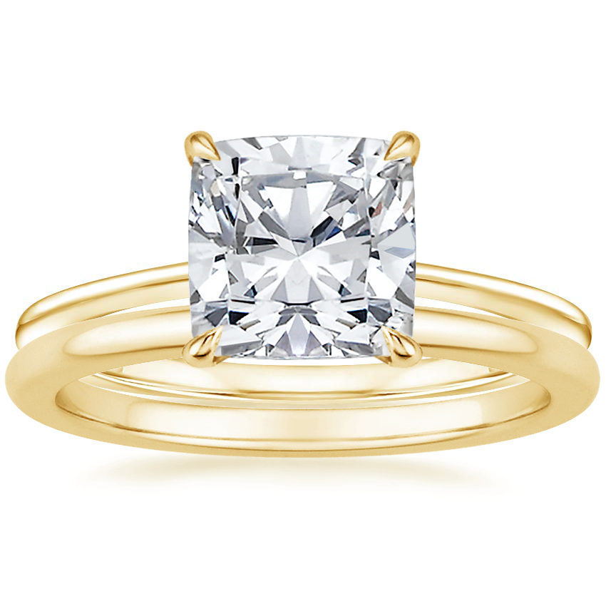 18K Yellow Gold Petite Secret Halo Diamond Ring with Petite Comfort Fit Wedding Ring
