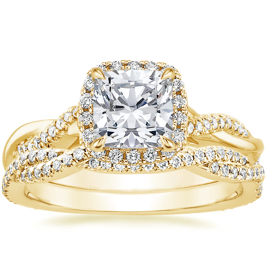 18K Yellow Gold Petite Twisted Vine Halo Diamond Ring (1/4 ct. tw.) with Petite Luxe Twisted Vine Diamond Ring