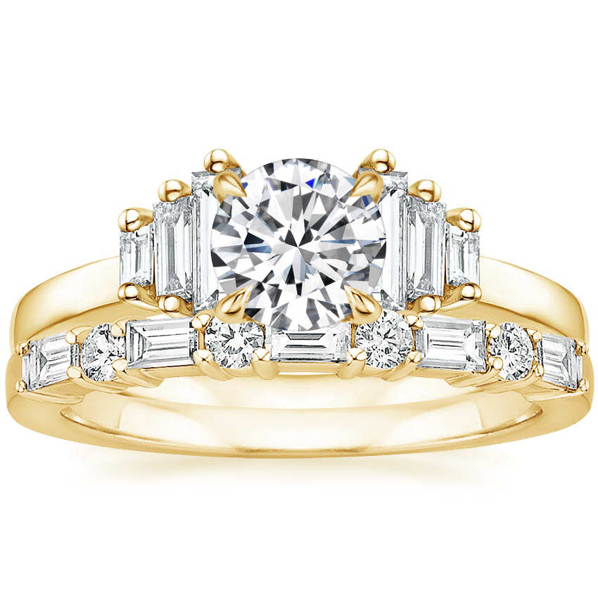 18K Yellow Gold Faye Baguette Diamond Ring (1/2 ct. tw.) with Leona Diamond Ring (1/3 ct. tw.)