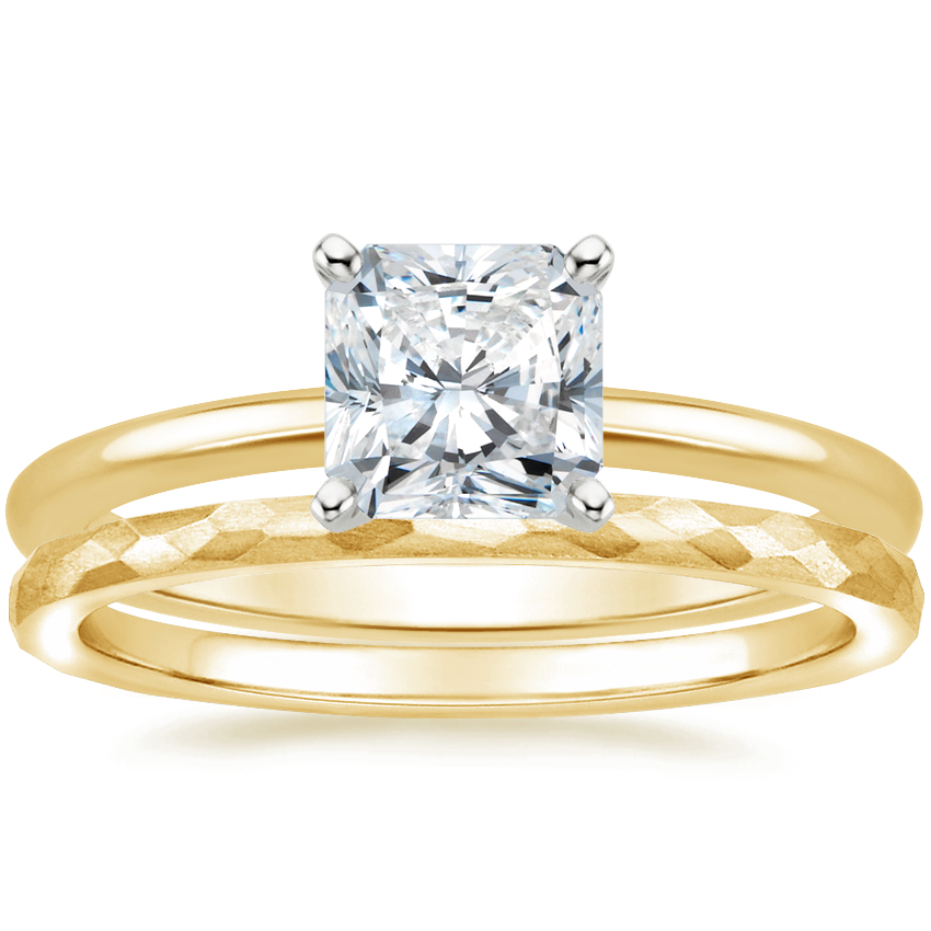 18K Yellow Gold Four-Prong Petite Comfort Fit Ring with Matte Hammered Petite Comfort Fit Wedding Ring