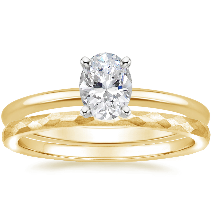 18K Yellow Gold Four-Prong Petite Comfort Fit Ring with Matte Hammered Petite Comfort Fit Wedding Ring