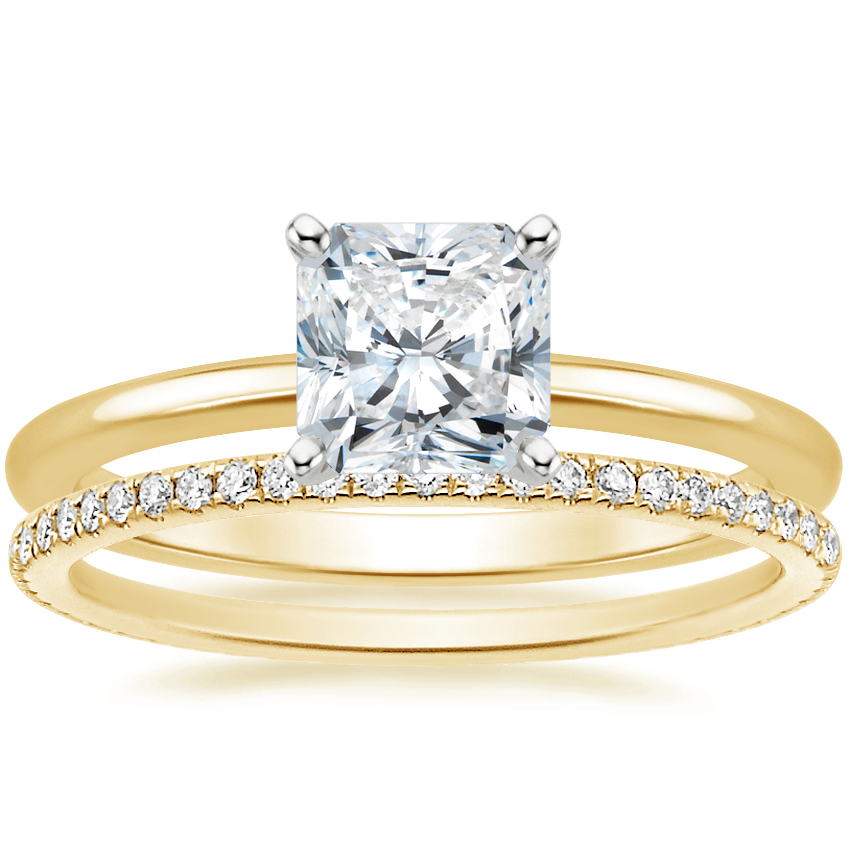 18K Yellow Gold Four-Prong Petite Comfort Fit Ring with Whisper Eternity Diamond Ring