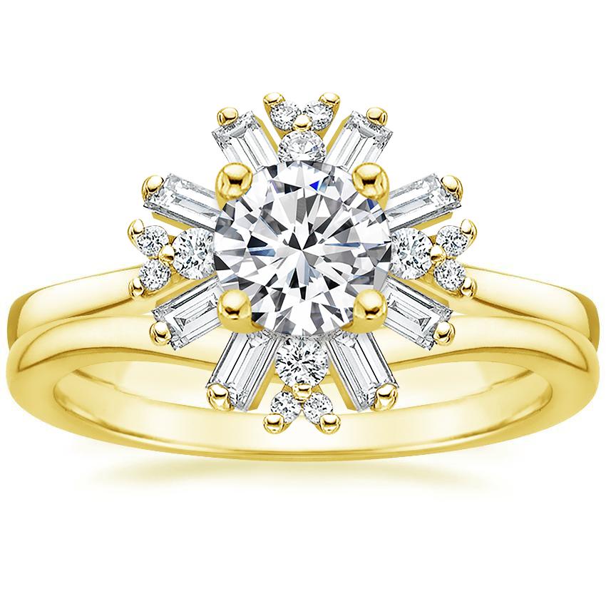 18K Yellow Gold Ballerina Diamond Ring with Petite Curved Wedding Ring