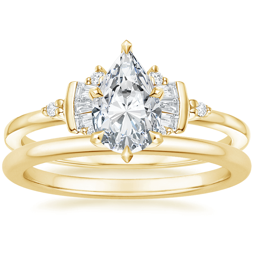 18K Yellow Gold Daphne Art Deco Ring with Petite Comfort Fit Wedding Ring