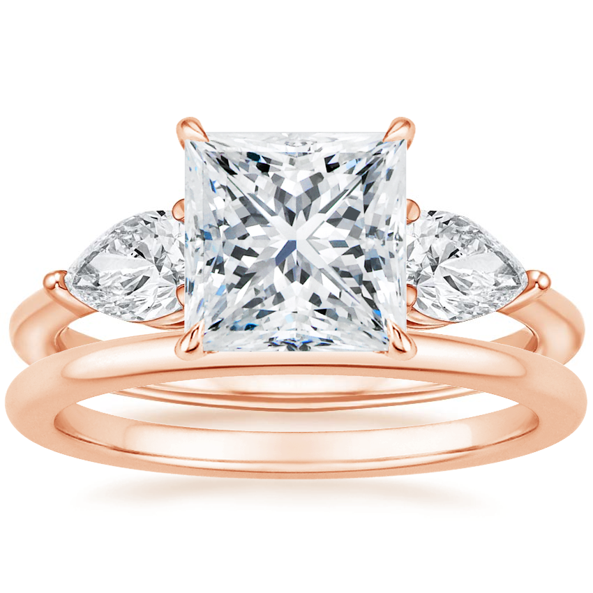 14K Rose Gold Luxe Opera Three Stone Diamond Ring with Petite Comfort Fit Wedding Ring