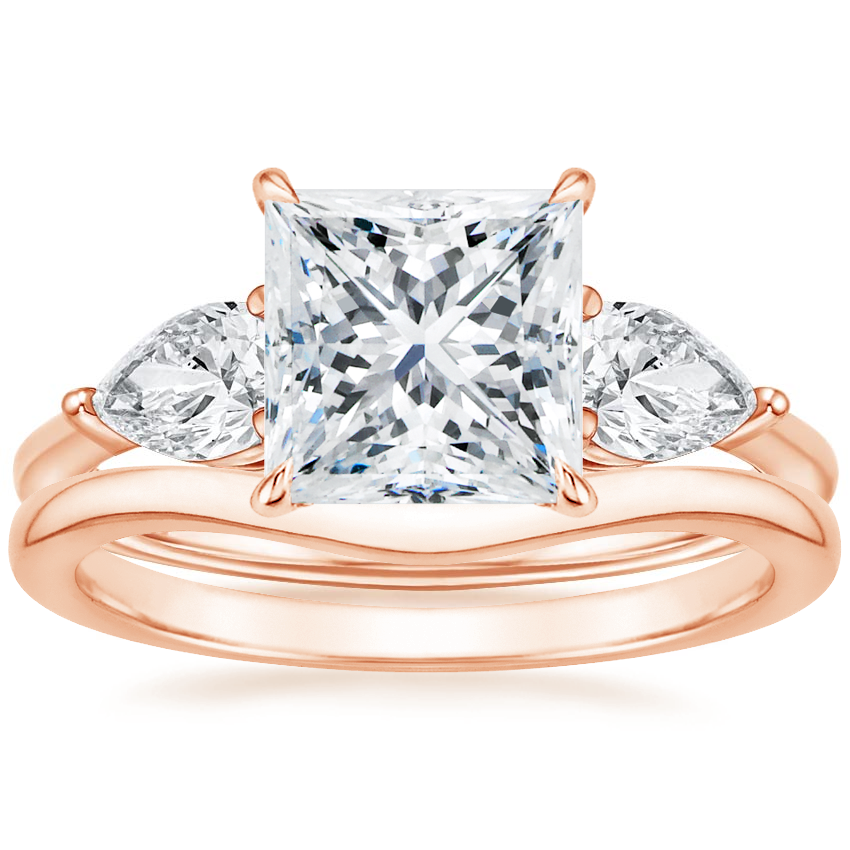 14K Rose Gold Luxe Opera Three Stone Diamond Ring with Petite Curved Wedding Ring