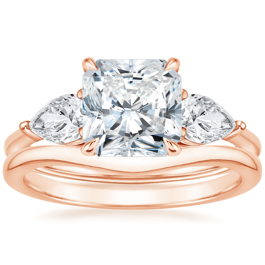 14K Rose Gold Luxe Opera Three Stone Diamond Ring with Petite Curved Wedding Ring