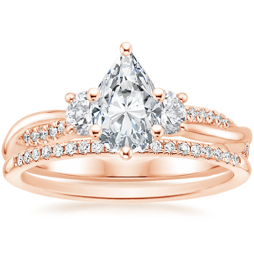 14K Rose Gold Three Stone Petite Twisted Vine Diamond Ring (2/5 ct. tw.) with Whisper Diamond Ring (1/10 ct. tw.)