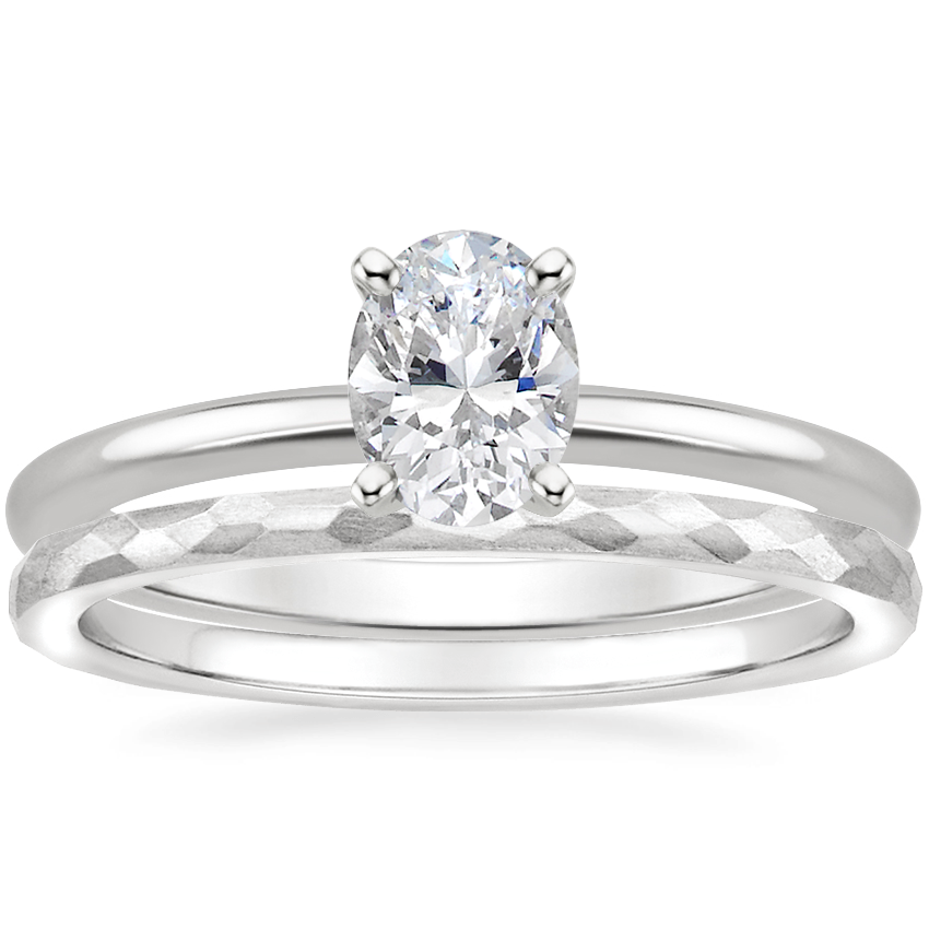 18K White Gold Four-Prong Petite Comfort Fit Ring with Matte Hammered Petite Comfort Fit Wedding Ring