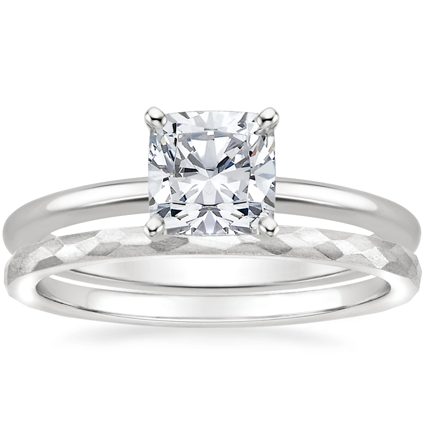 18K White Gold Four-Prong Petite Comfort Fit Ring with Matte Hammered Petite Comfort Fit Wedding Ring