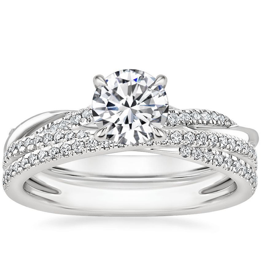 14K White Gold Petite Twisted Vine Hidden Halo Diamond Ring with Calypso Diamond Ring