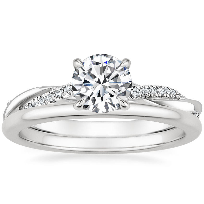 18K White Gold Petite Twisted Vine Hidden Halo Diamond Ring with Petite Comfort Fit Wedding Ring