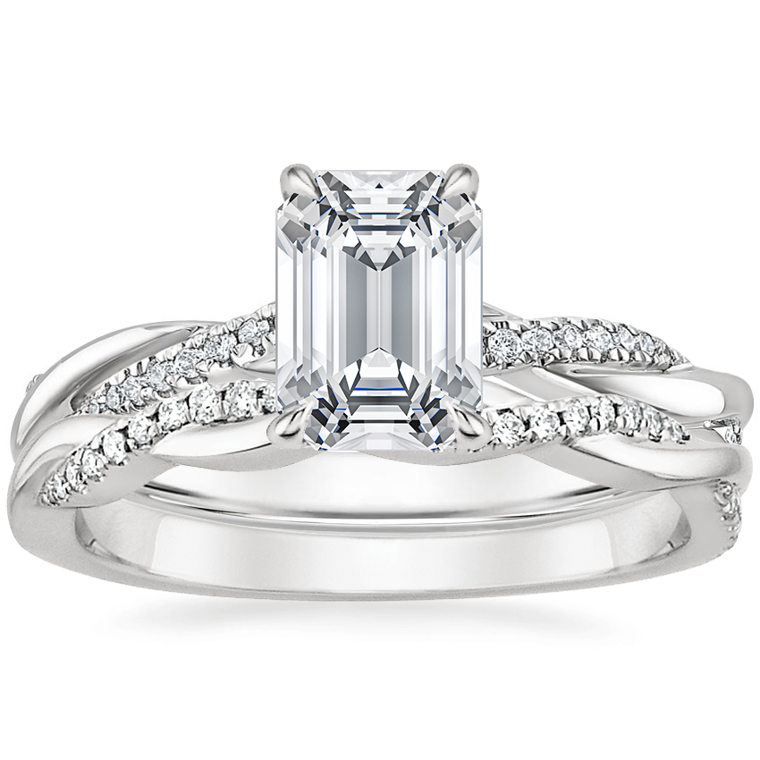 18K White Gold Petite Twisted Vine Hidden Halo Diamond Ring with Petite Twisted Vine Diamond Ring (1/8 ct. tw.)