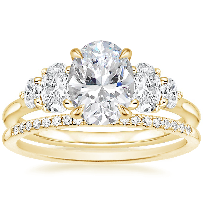 18K Yellow Gold Oval Five Stone Diamond Ring (1 ct. tw.) with Whisper Diamond Ring (1/10 ct. tw.)