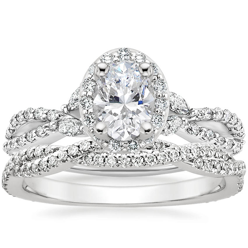 18K White Gold Luxe Willow Halo Diamond Ring (2/5 ct. tw.) with Petite Luxe Twisted Vine Diamond Ring (1/4 ct. tw.)