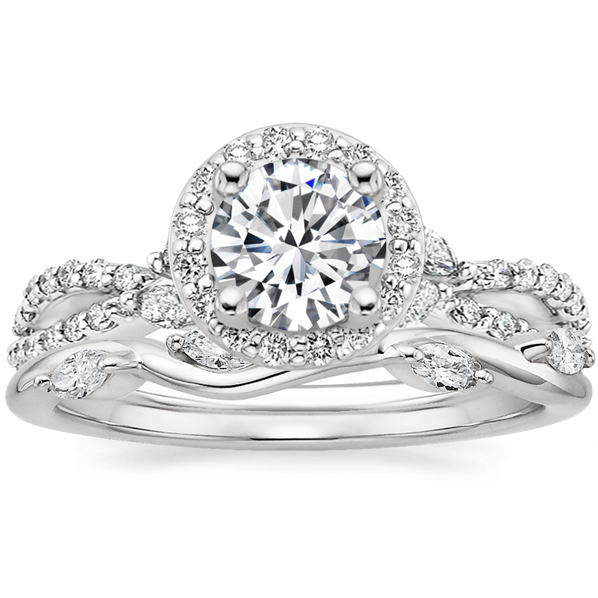 18K White Gold Luxe Willow Halo Diamond Ring (1/2 ct. tw.) with Winding Willow Diamond Ring (1/8 ct. tw.)