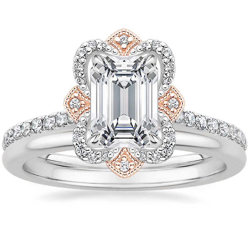 18K White Gold Mixed Metal Reina Diamond Ring with Petite Comfort Fit Wedding Ring