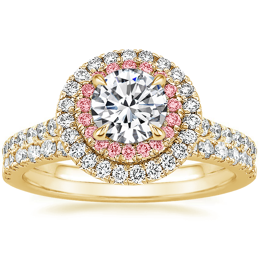 18K Yellow Gold Soleil Diamond Ring with Pink Lab Diamond Accents (1/2 ct. tw.) with Bliss Diamond Ring (1/5 ct. tw.)