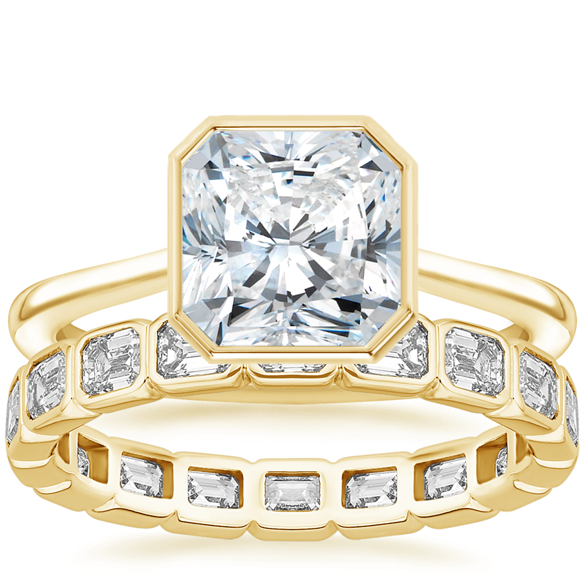 18K Yellow Gold Petite Luna Bezel Ring with Bezel Emerald Cut Eternity Diamond Ring