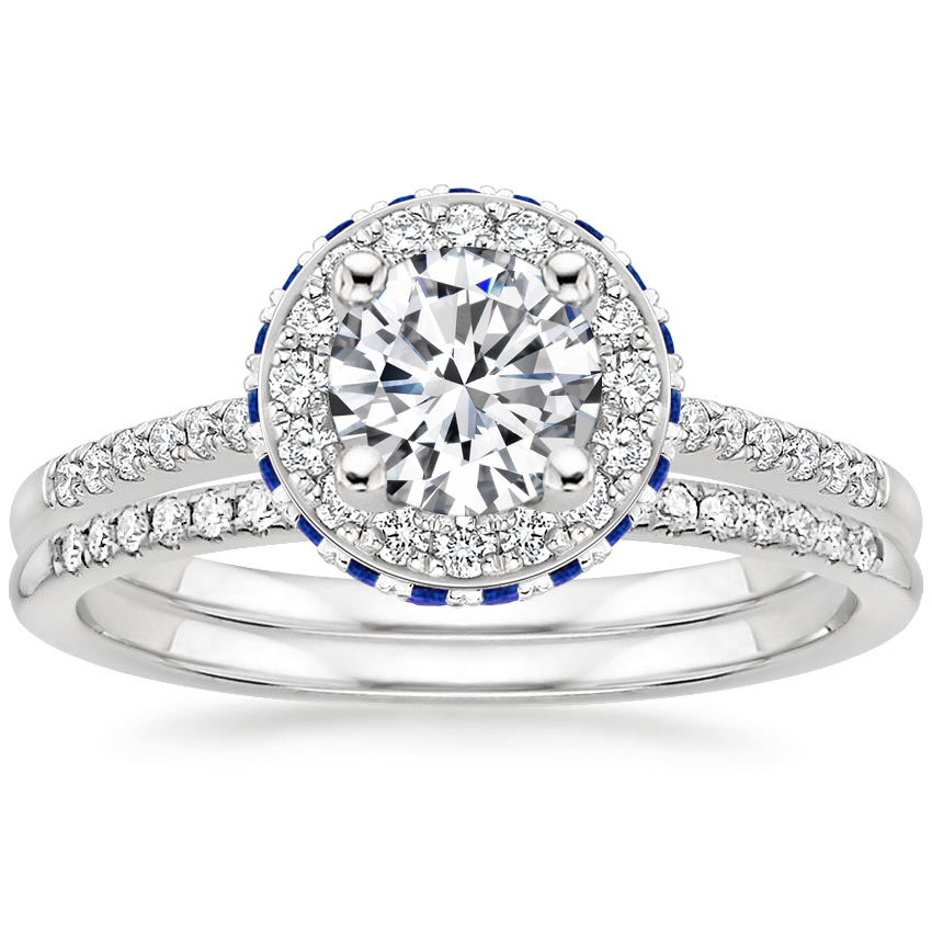 18K White Gold Audra Diamond Ring with Sapphire Accents (1/4 ct. tw.) with Whisper Diamond Ring (1/10 ct. tw.)