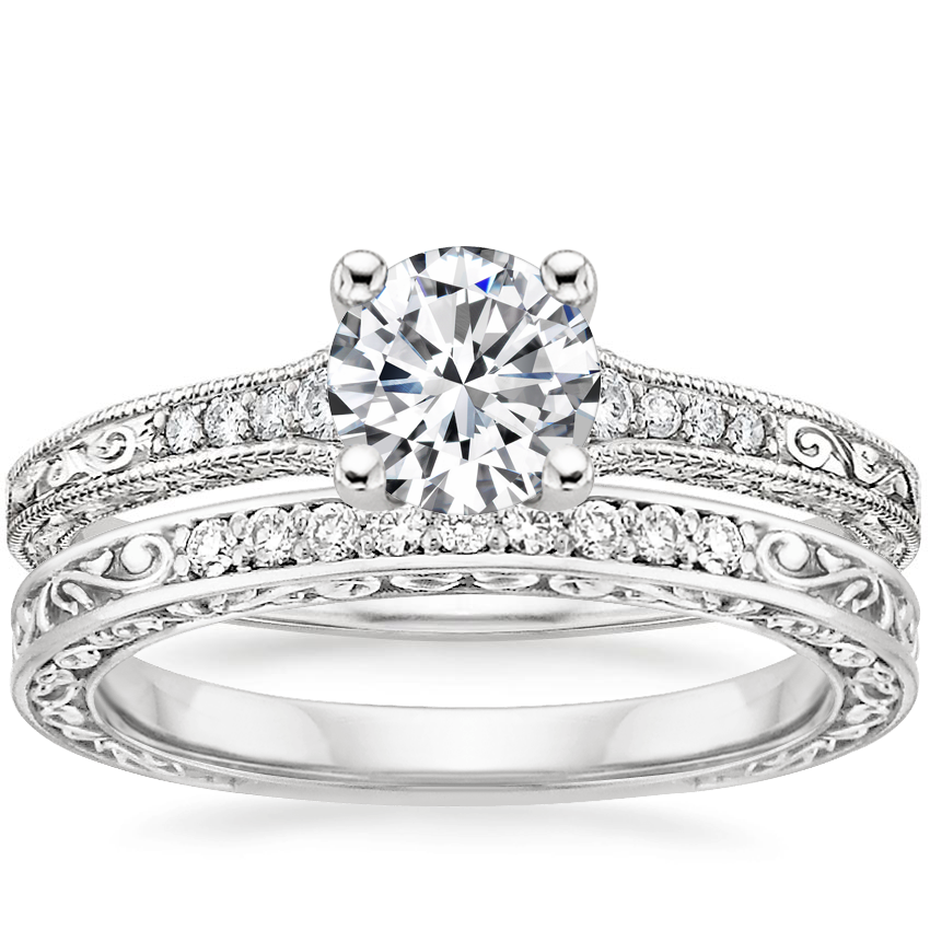 Platinum Luxe Hudson Diamond Ring (1/10 ct. tw.) with Delicate Antique Scroll Diamond Ring (1/15 ct. tw.)