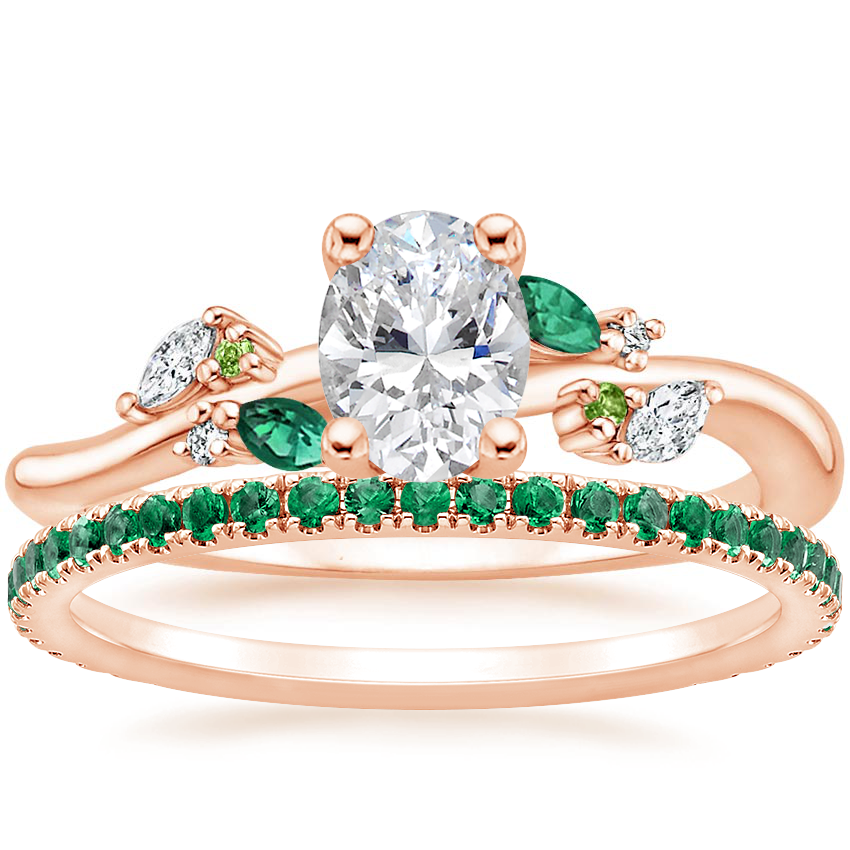 14K Rose Gold Arden Diamond Ring with Lab Emerald Accents with Luxe Ballad Emerald Ring